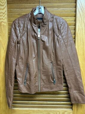 Guess Brown Quilted-Shoulder Leather Zip Jacket